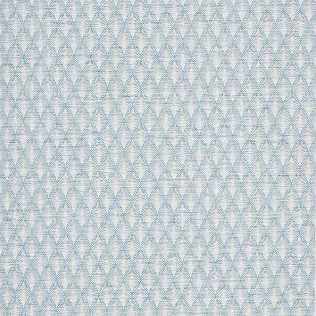 Pale blue wallpaper with tightly repeated white fan arches and fine linear detail