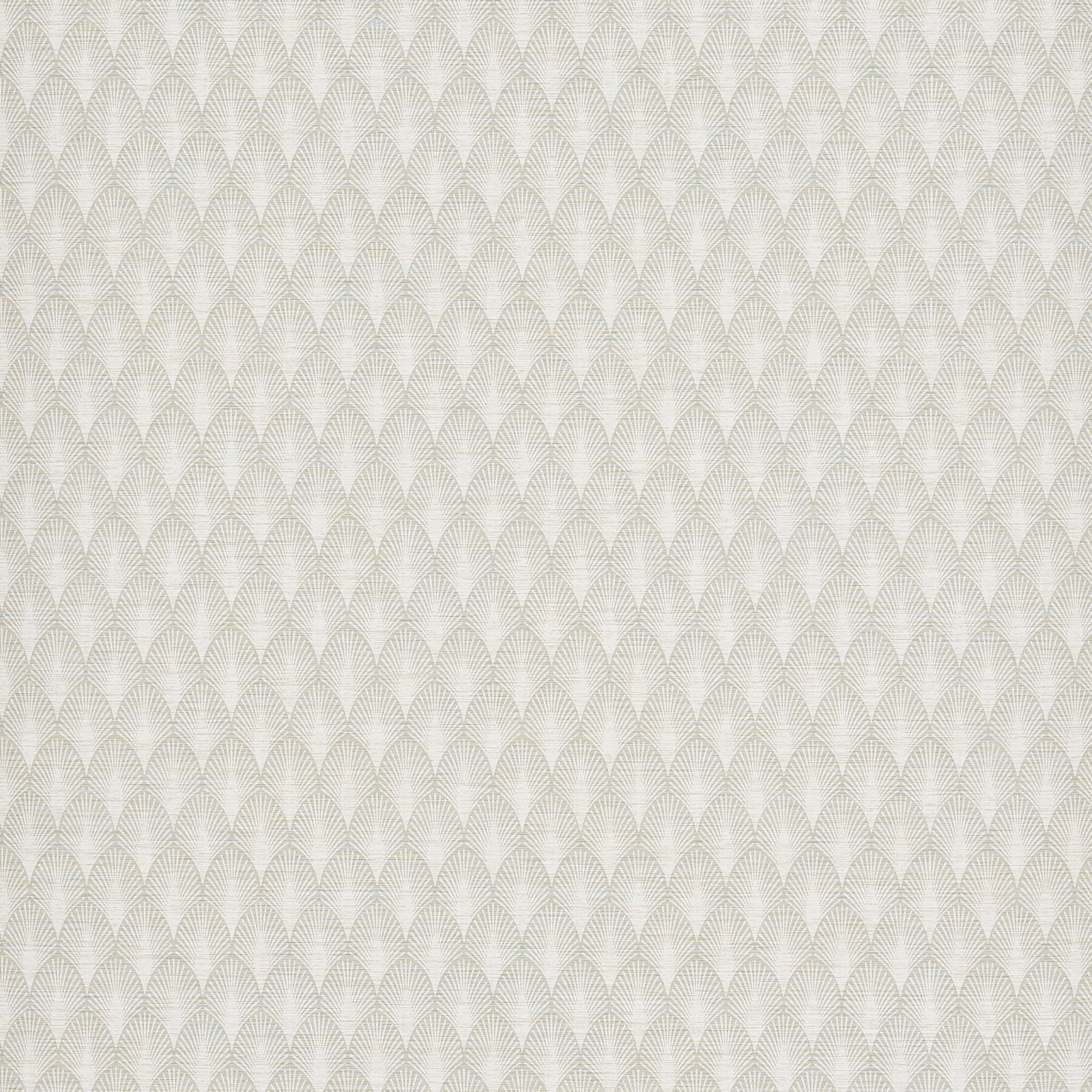 Pale stone wallpaper with fine linear fan motifs in a softly etched geometric repeat