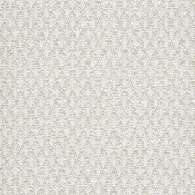Pale stone wallpaper with fine linear fan motifs in a softly etched geometric repeat