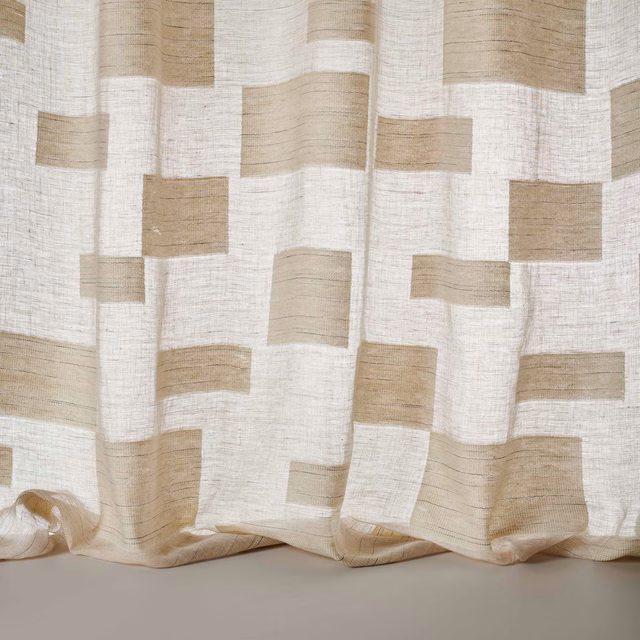 Ivory fabric with soft beige block pattern and subtle linen texture