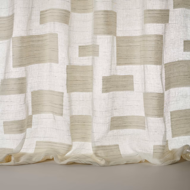 White linen-cotton fabric with large pale oat block pattern and soft texture