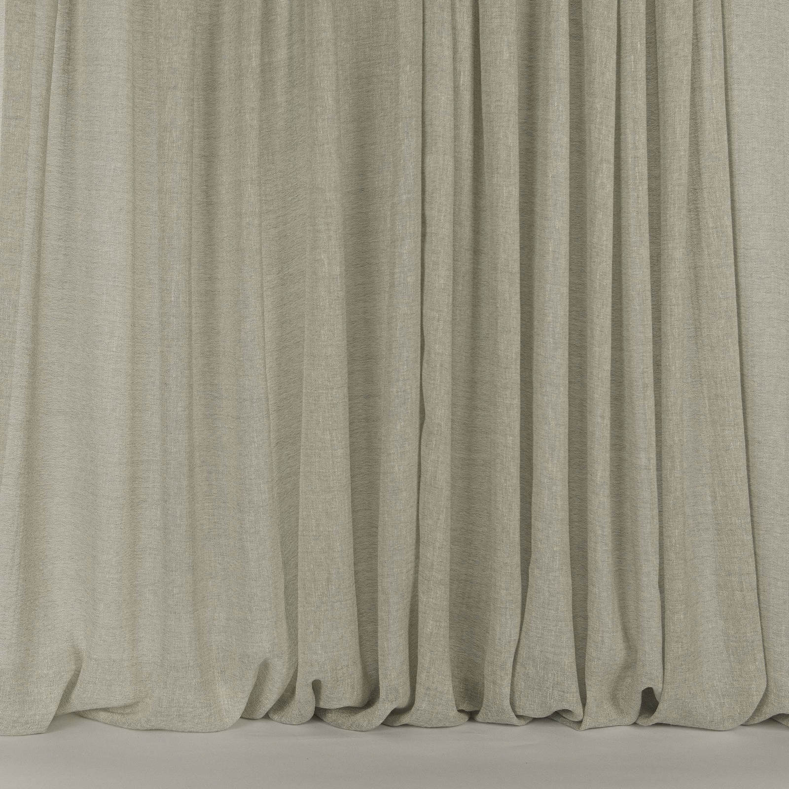 Wide pale taupe fabric hanging in soft vertical folds, with fine woven texture