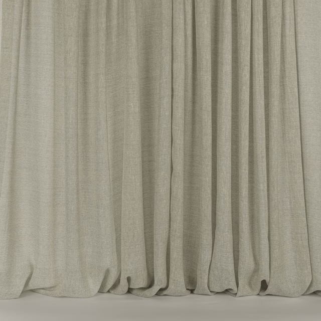 Wide pale taupe fabric hanging in soft vertical folds, with fine woven texture
