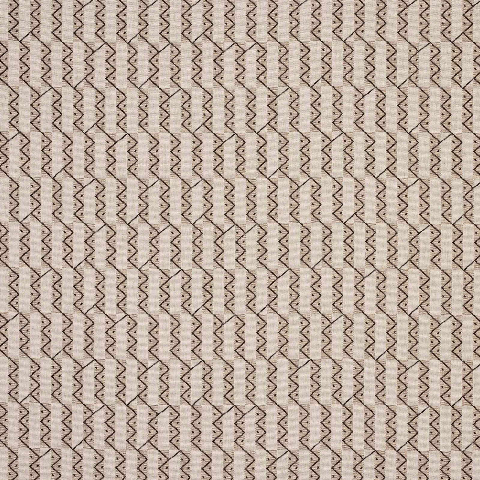 Cream-beige geometric woven fabric with fine dark zigzag lines and tiny dotted marks