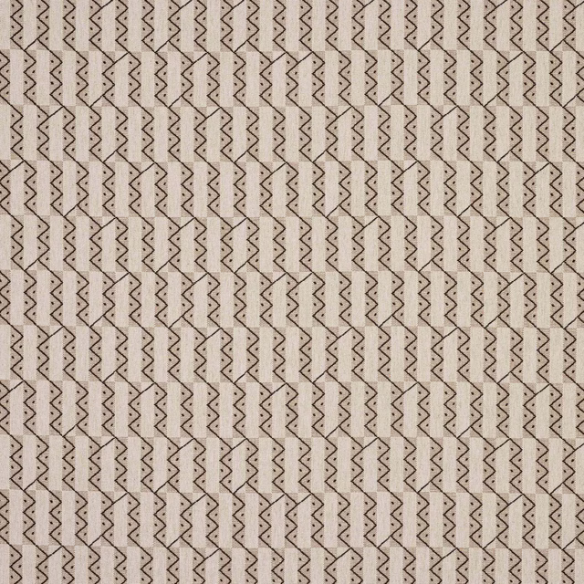 Cream-beige geometric woven fabric with fine dark zigzag lines and tiny dotted marks