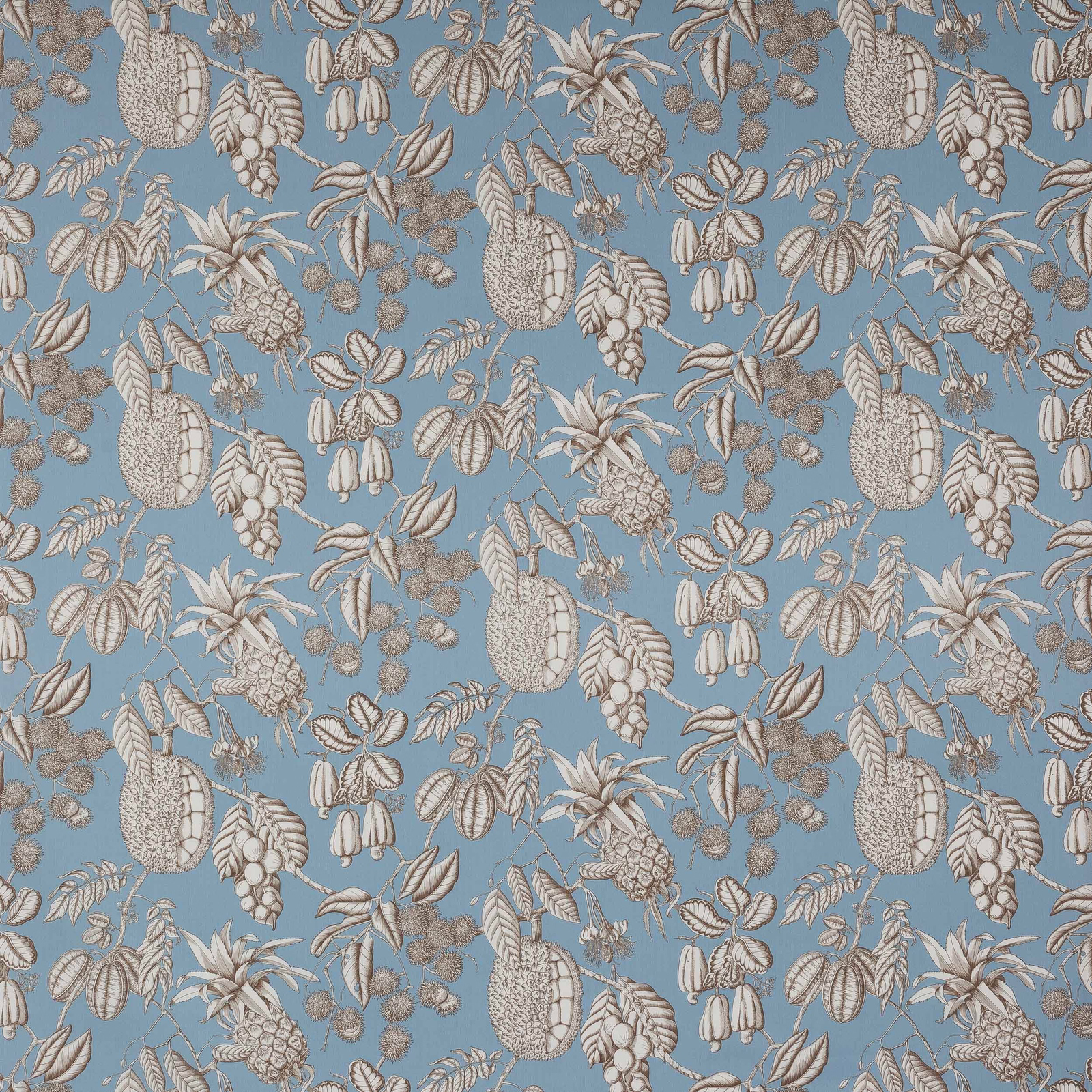 Blue cotton fabric with large botanical fruit and leaf print in cream and taupe