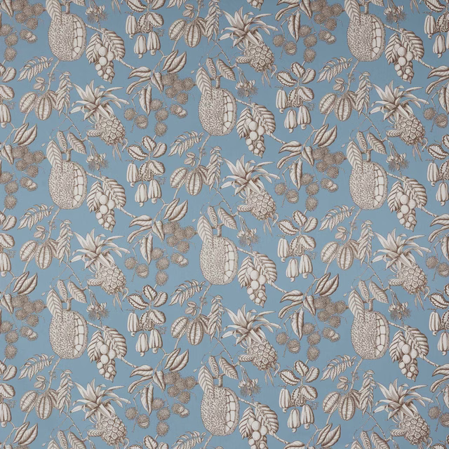 Blue cotton fabric with large botanical fruit and leaf print in cream and taupe
