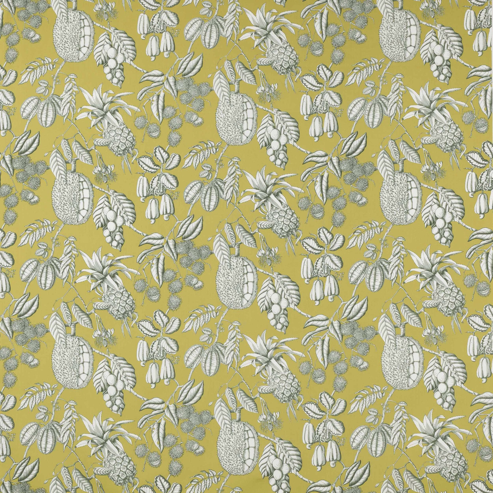 Yellow-green botanical cotton with pale leafy and fruit motifs on a dense ground