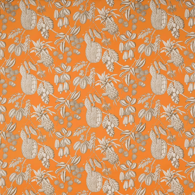 Bright mandarine orange fabric with large ivory botanical fruit and leaf motifs