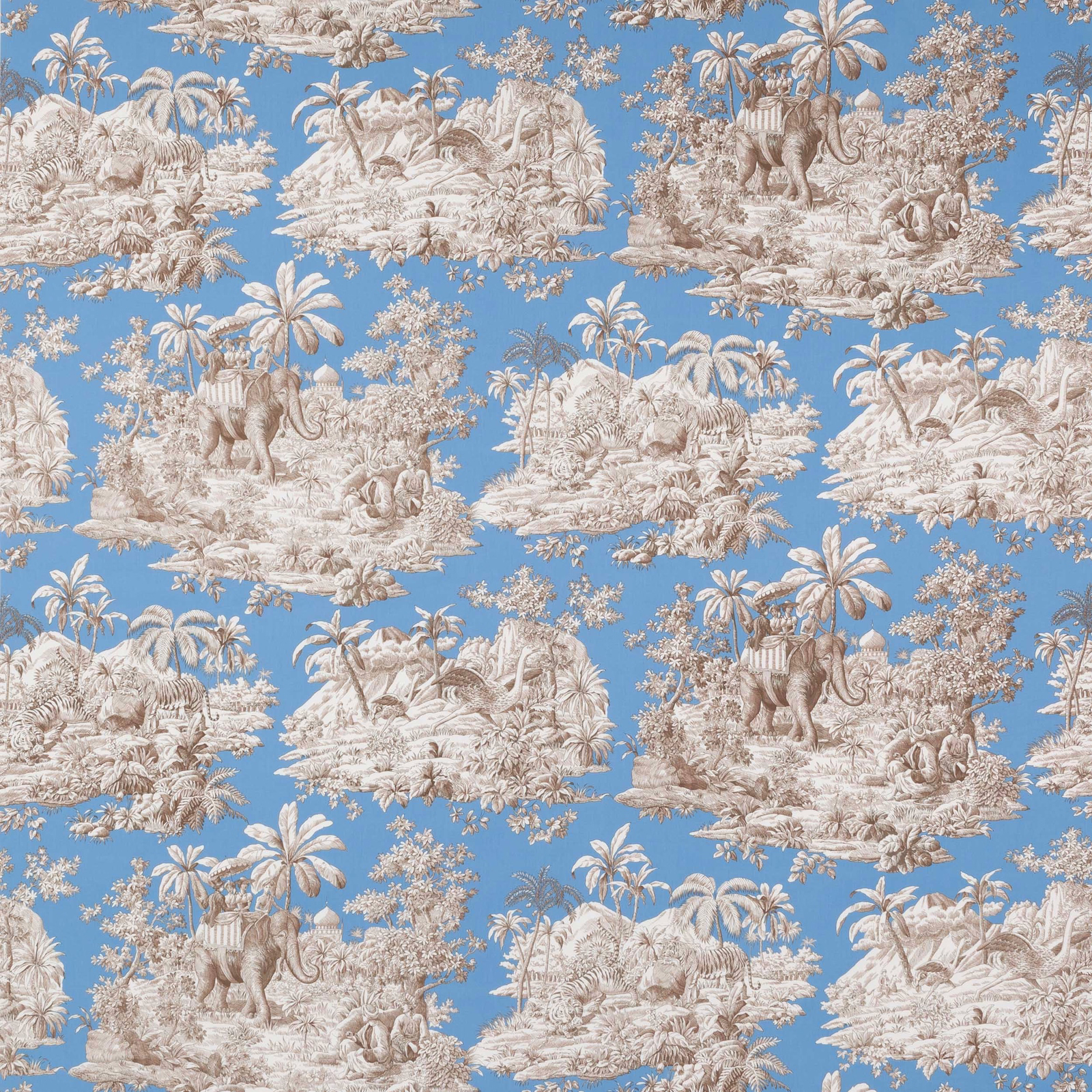 Sky blue cotton fabric with ivory toile elephants, palms and jungle scenes