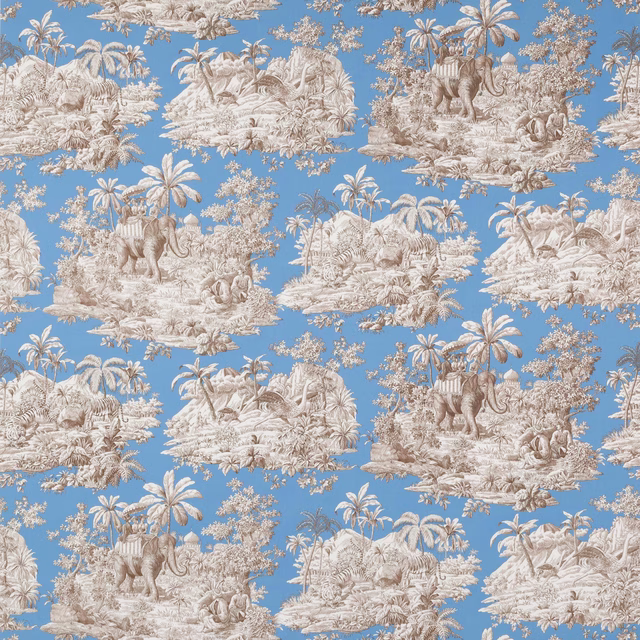 Sky blue cotton fabric with ivory toile elephants, palms and jungle scenes