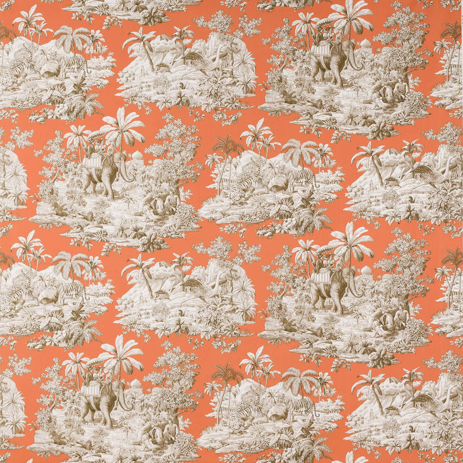 Coral orange toile fabric with pale jungle scenes and elephants