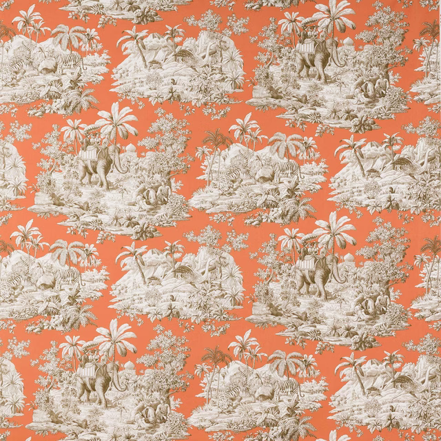 Coral orange toile fabric with pale jungle scenes and elephants