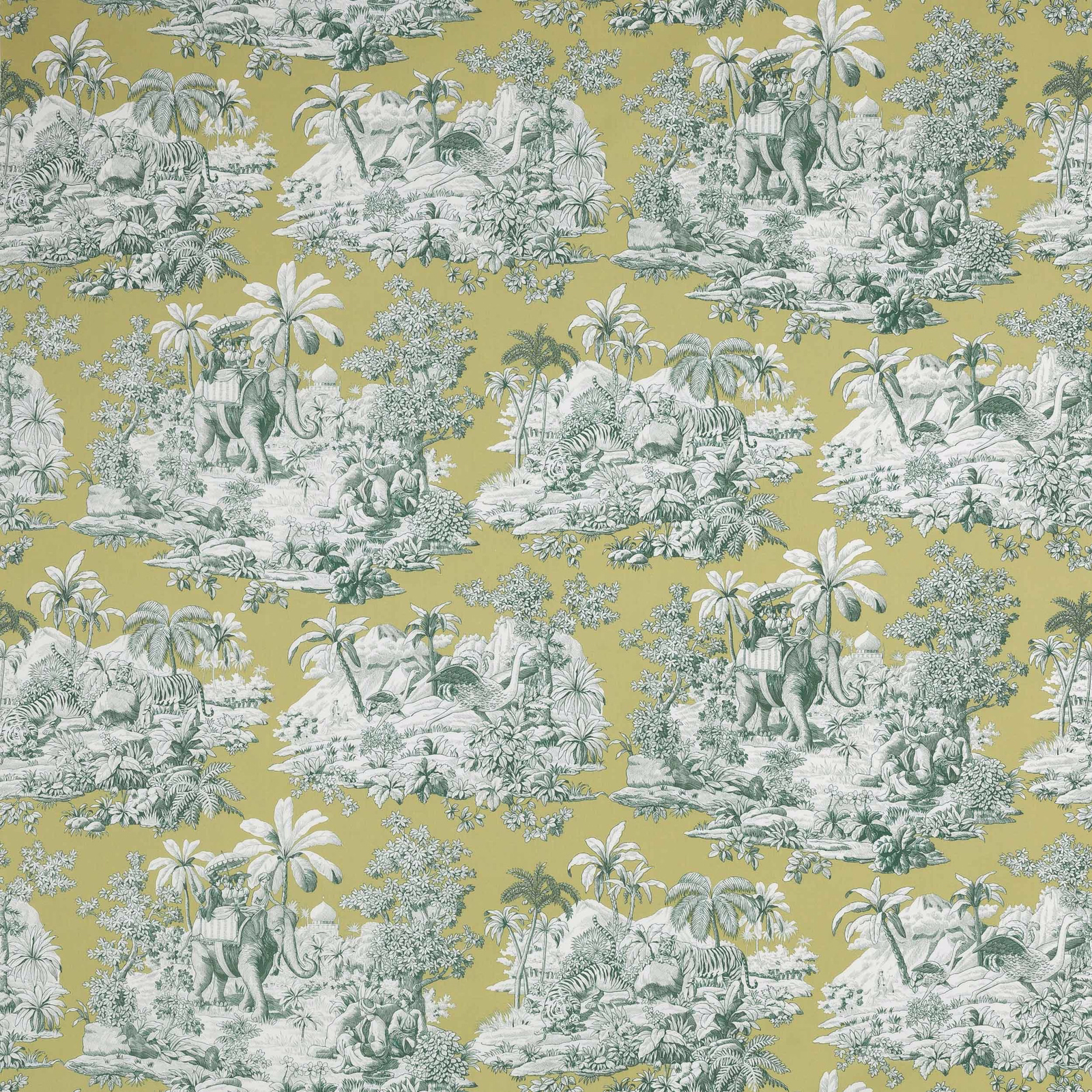 Mustard-gold scenic cotton fabric with pale green elephant and palm motifs