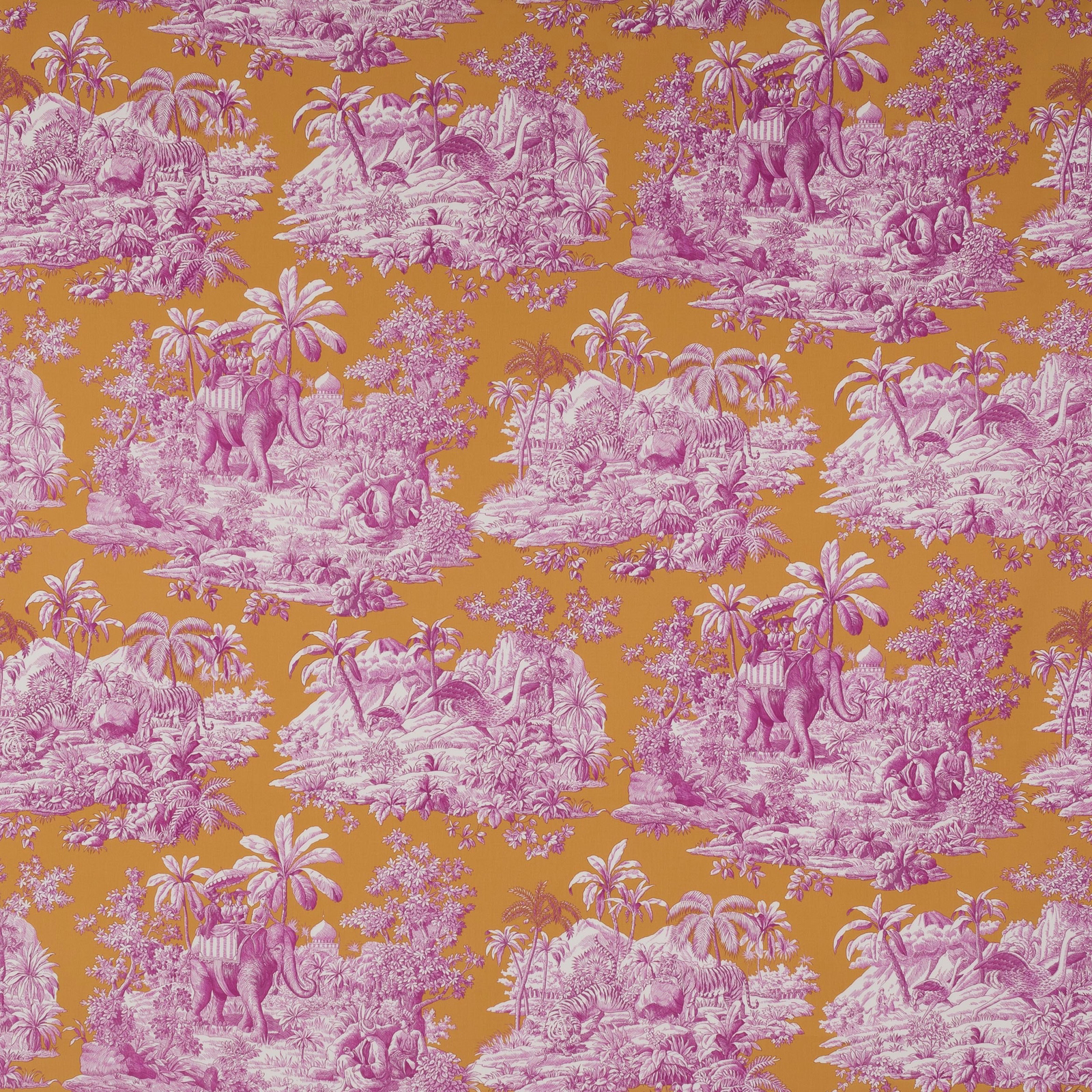 Pink tropical toile scene on a warm saffron ground with palms and elephants
