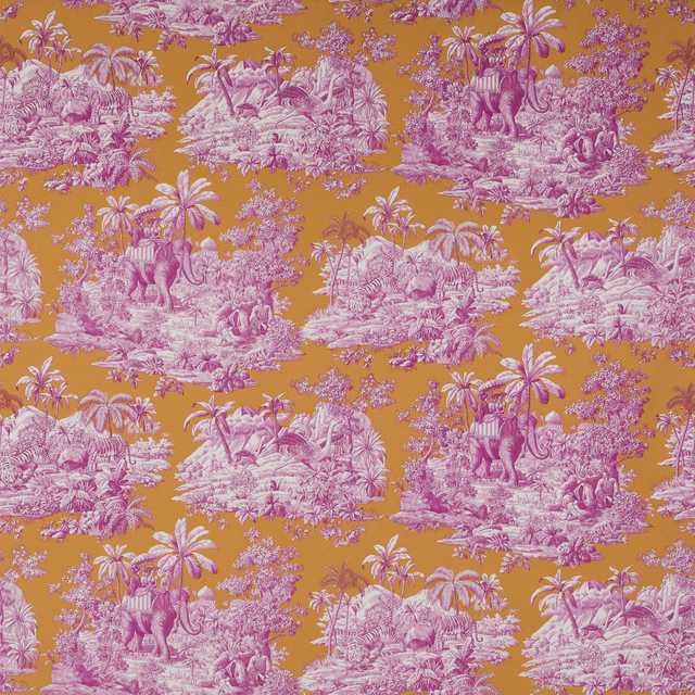 Pink tropical toile scene on a warm saffron ground with palms and elephants