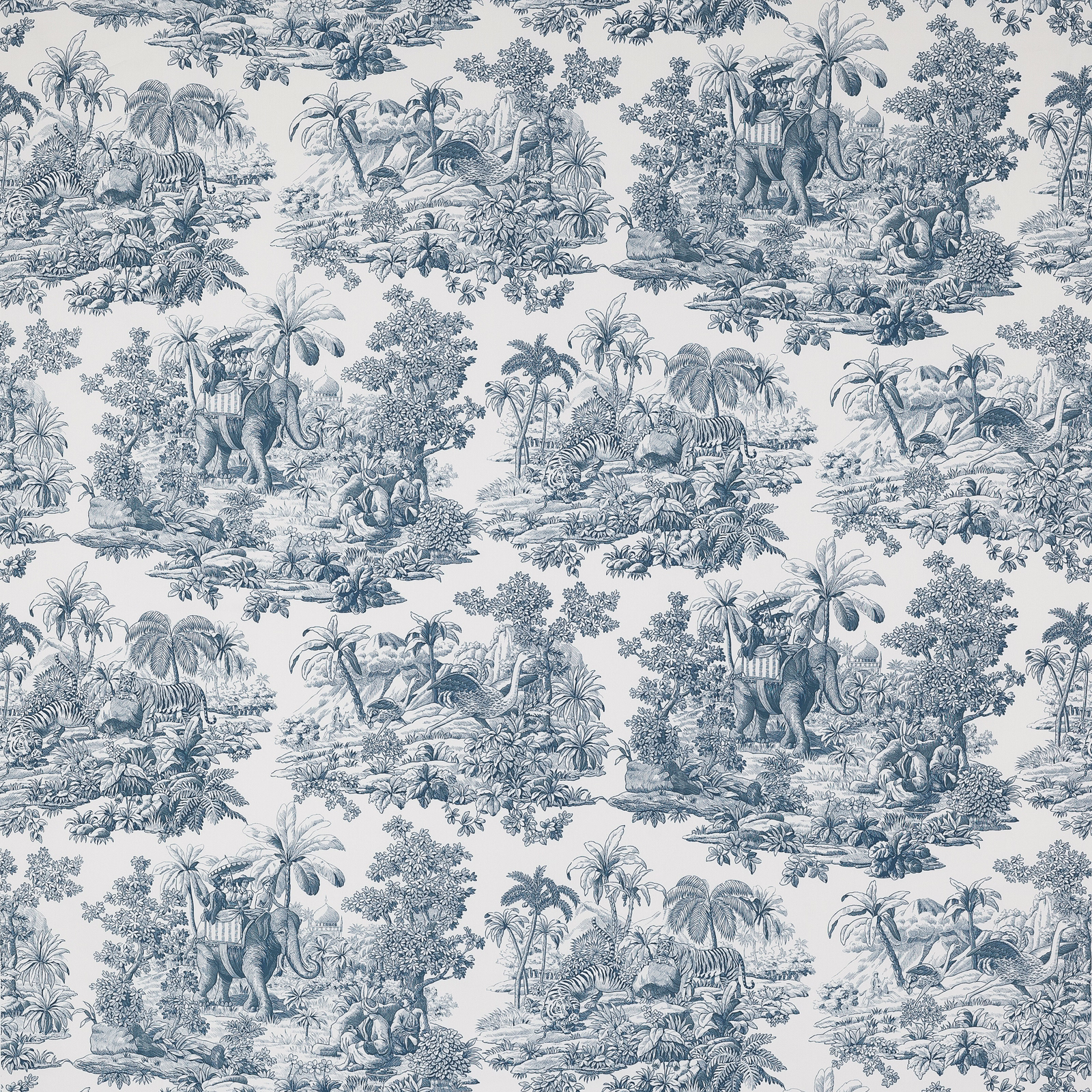 Blue-grey toile fabric showing elephants, tigers and palm trees on an ivory ground