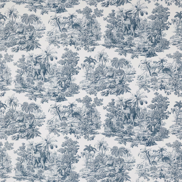 Blue-grey toile fabric showing elephants, tigers and palm trees on an ivory ground