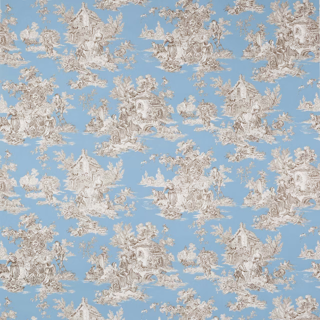 Sky-blue toile fabric with cream pastoral scenes and classical figures
