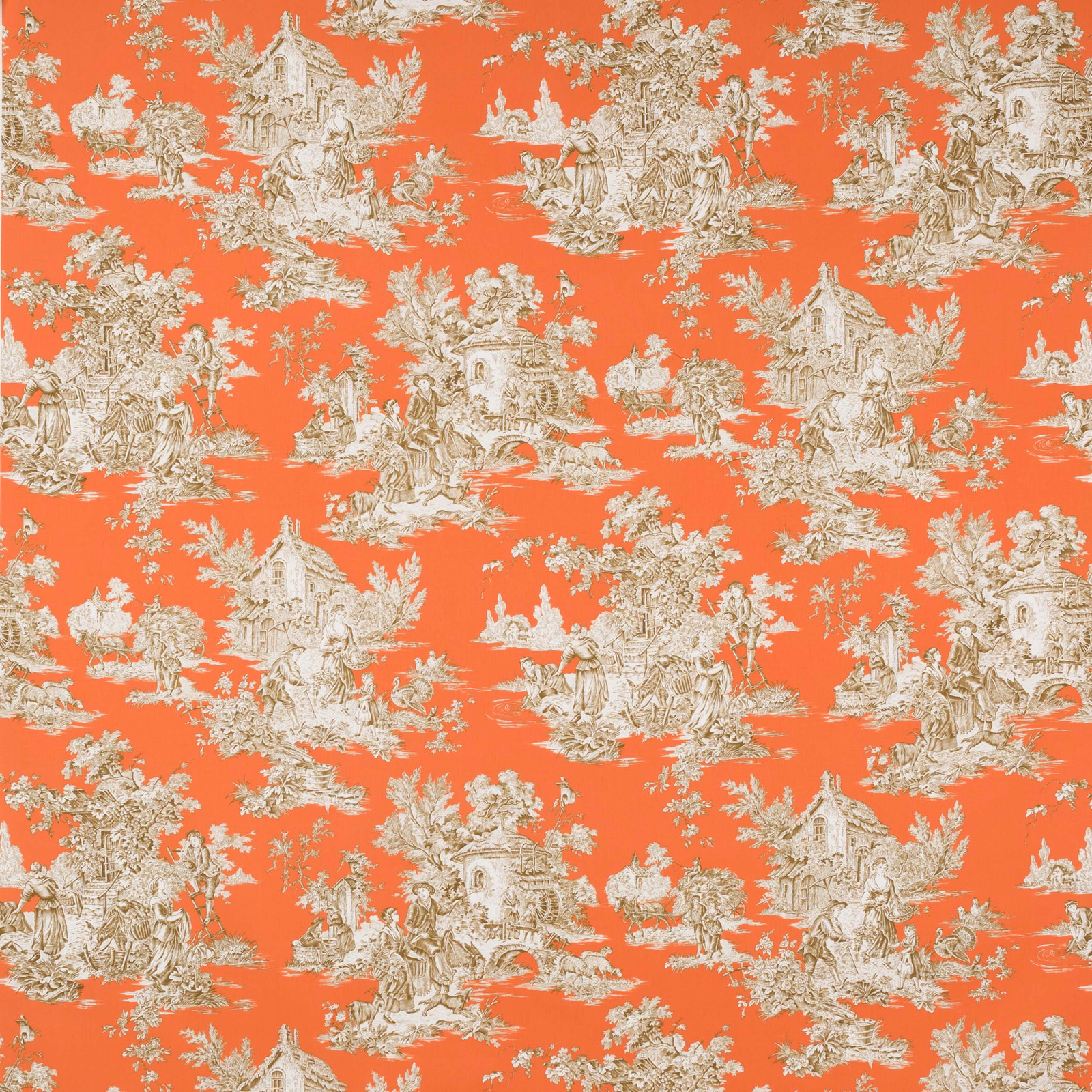 Coral orange toile fabric with cream pastoral scenes and figures