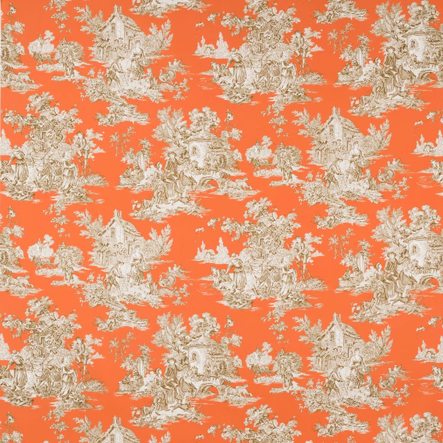 Coral orange toile fabric with cream pastoral scenes and figures