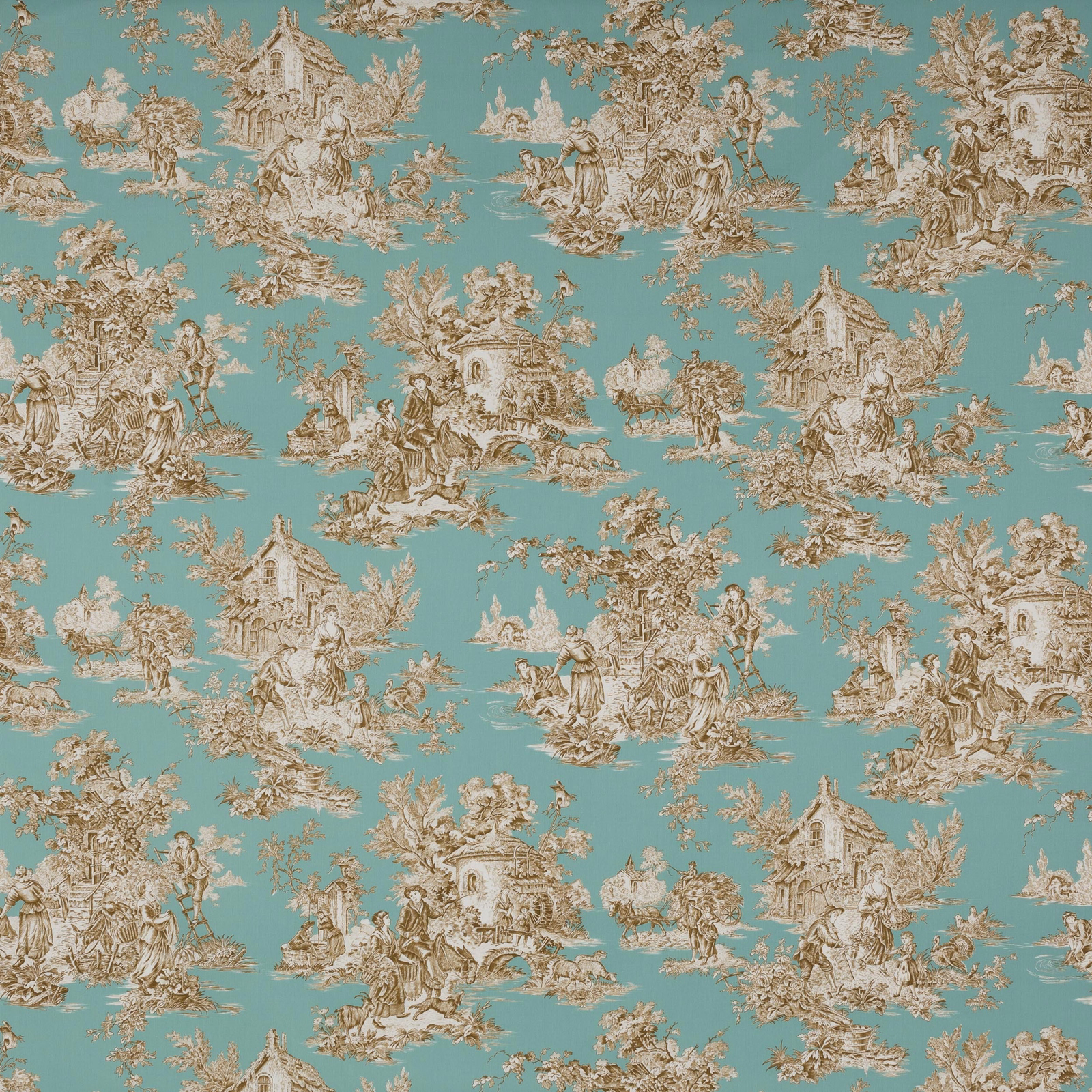 Aqua teal toile fabric with sepia pastoral scenes and classical ruins