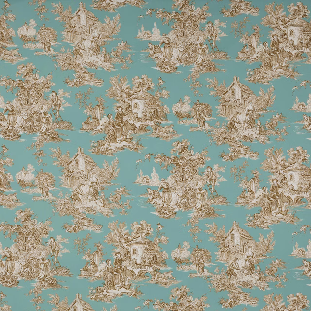 Aqua teal toile fabric with sepia pastoral scenes and classical ruins