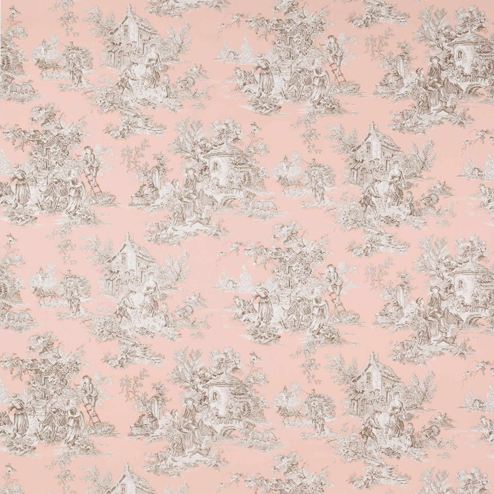 Pastoral toile scene on soft poudre pink cotton fabric with ivory and taupe detailing
