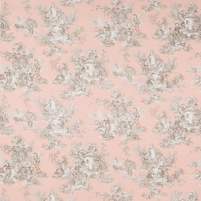 Pastoral toile scene on soft poudre pink cotton fabric with ivory and taupe detailing