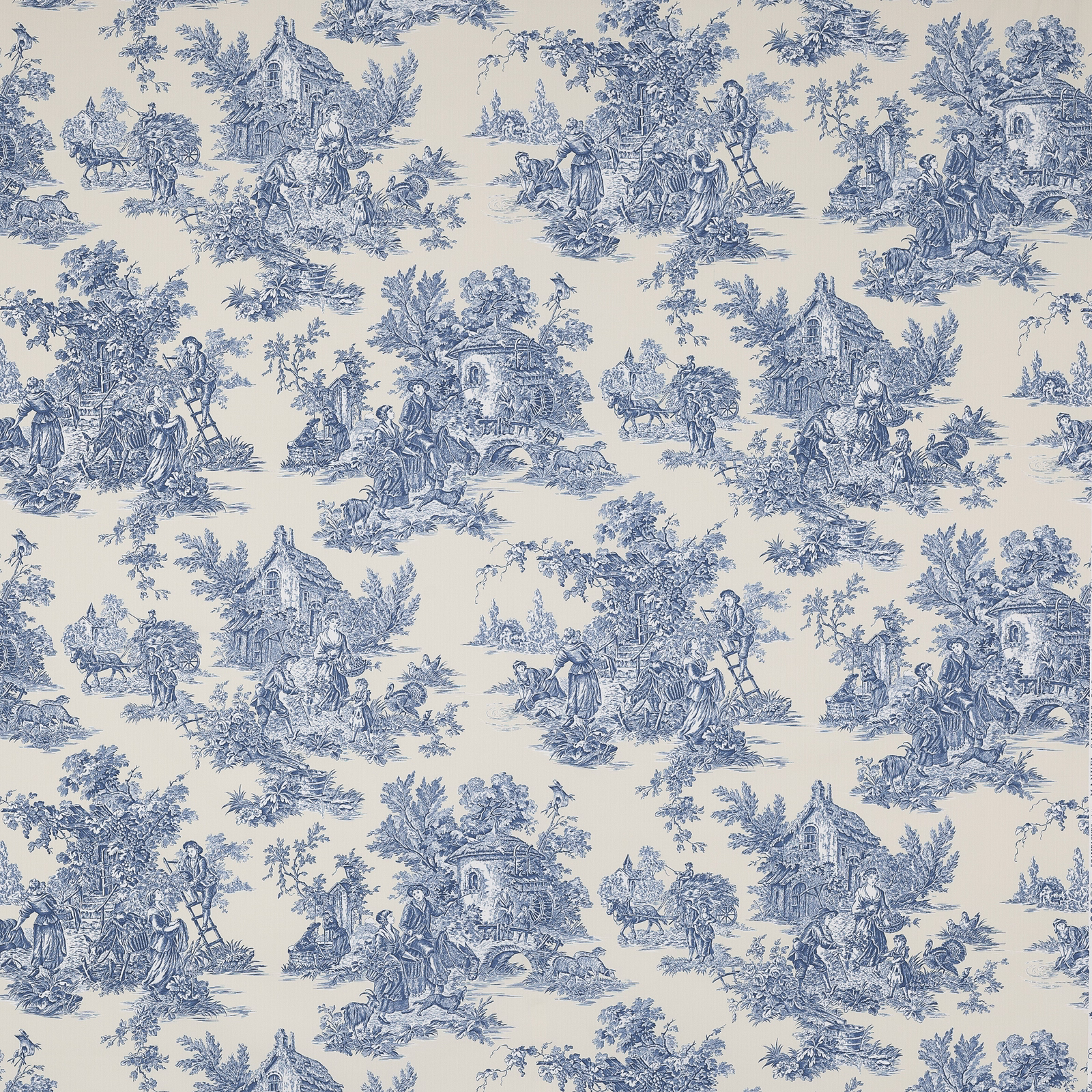 Pale blue toile fabric with pastoral figures and villages on a cream ground