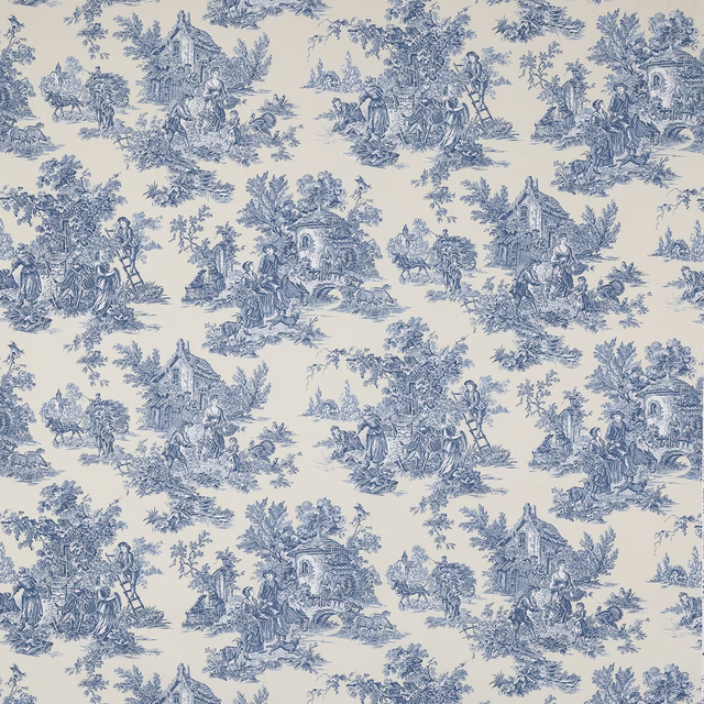 Pale blue toile fabric with pastoral figures and villages on a cream ground