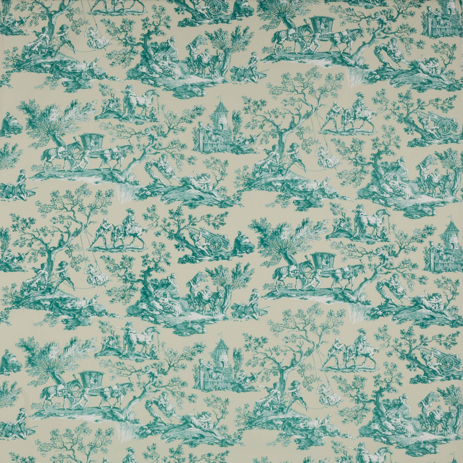 Aqua teal pastoral toile on a cream cotton ground
