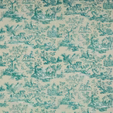 Aqua teal pastoral toile on a cream cotton ground
