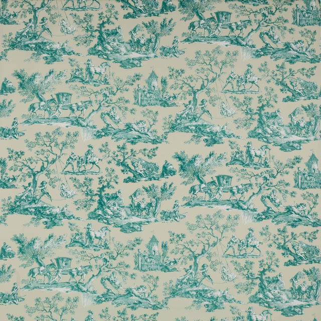Aqua teal pastoral toile on a cream cotton ground