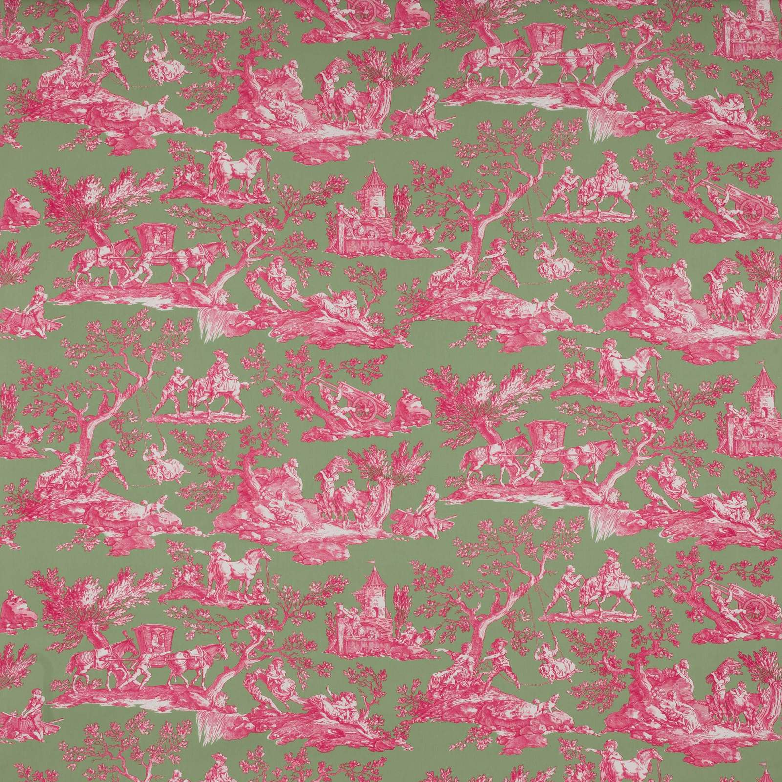 Pink toile pastoral scenes on a vivid apple green cotton ground