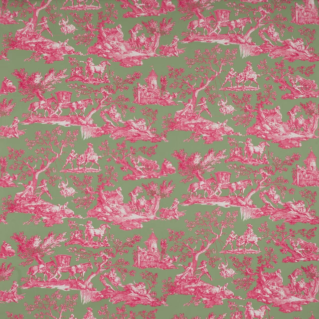 Pink toile pastoral scenes on a vivid apple green cotton ground
