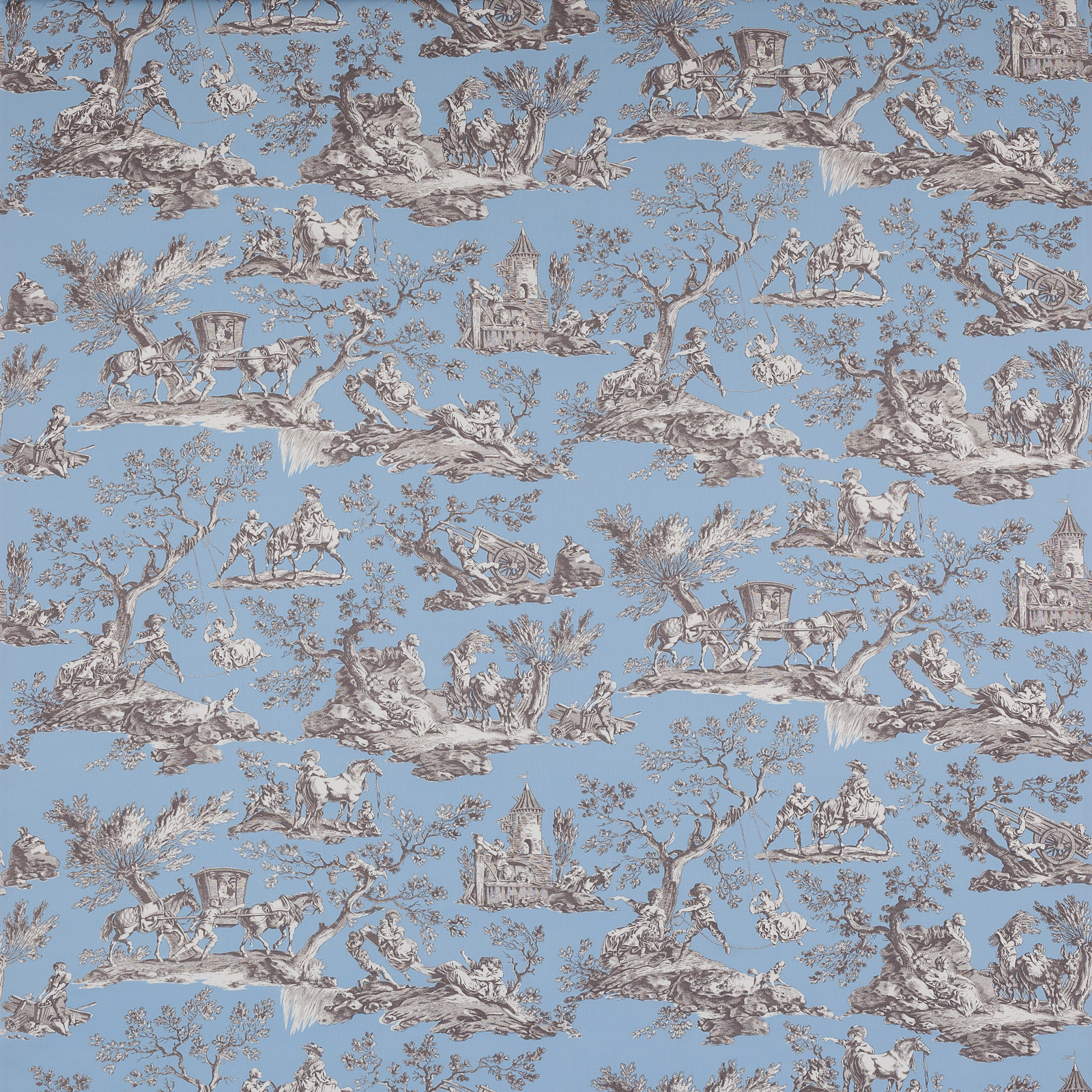 Pastoral toile print on soft powder blue cotton with grey-brown scenic figures
