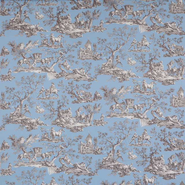 Pastoral toile print on soft powder blue cotton with grey-brown scenic figures