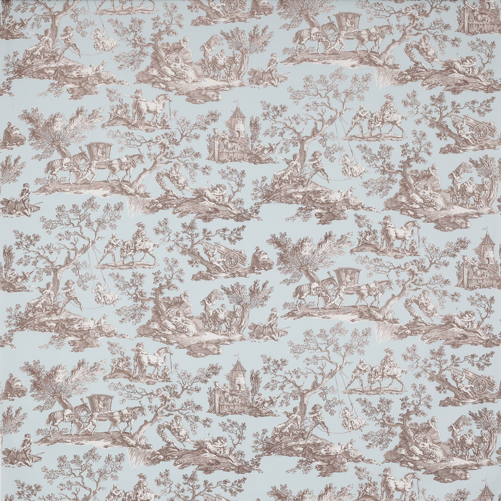 Pale celadon scenic toile fabric with sepia landscape motifs