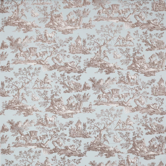 Pale celadon scenic toile fabric with sepia landscape motifs