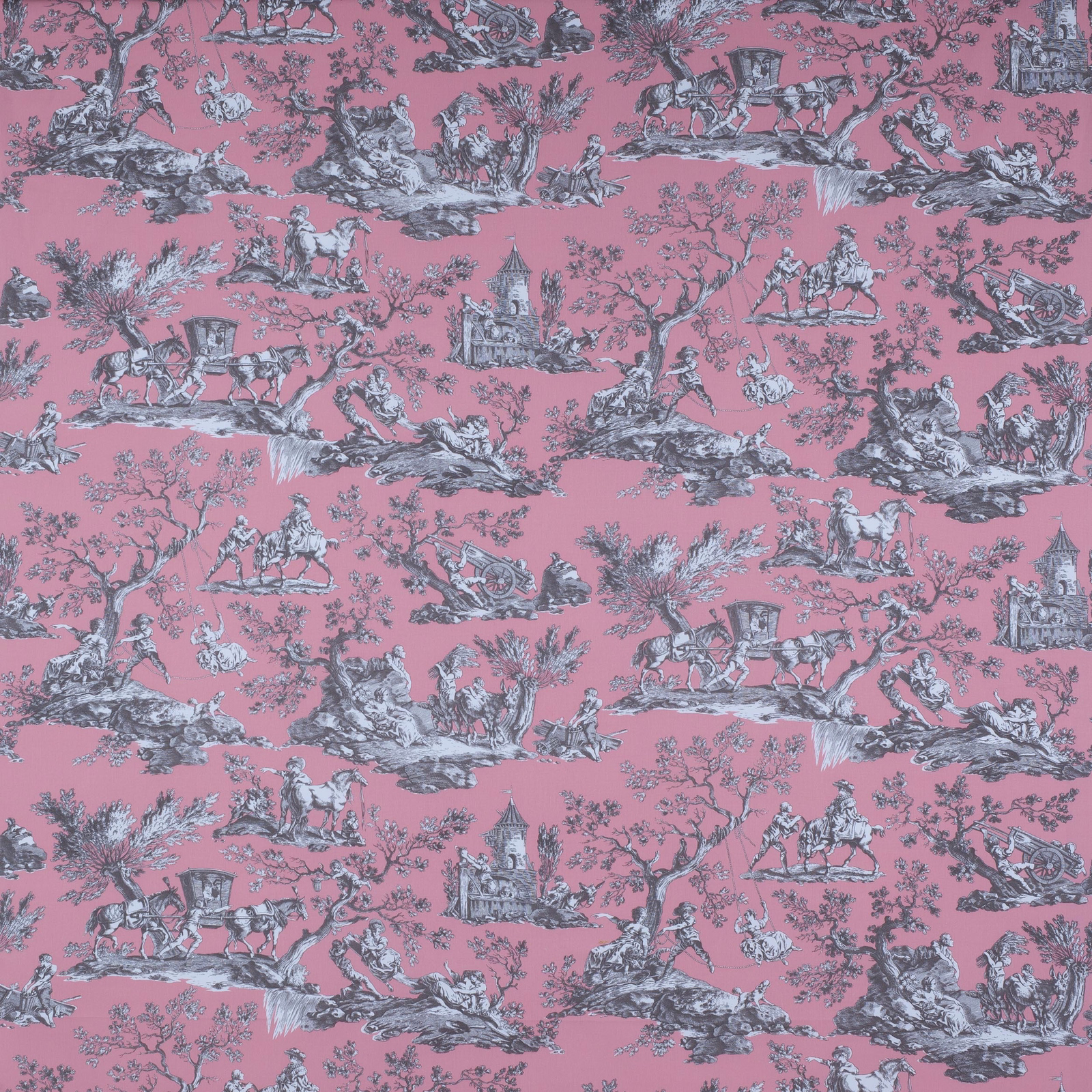Salmon pink toile cotton with grey scenic figures and horse motifs