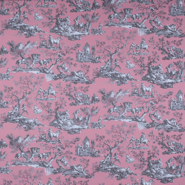 Salmon pink toile cotton with grey scenic figures and horse motifs