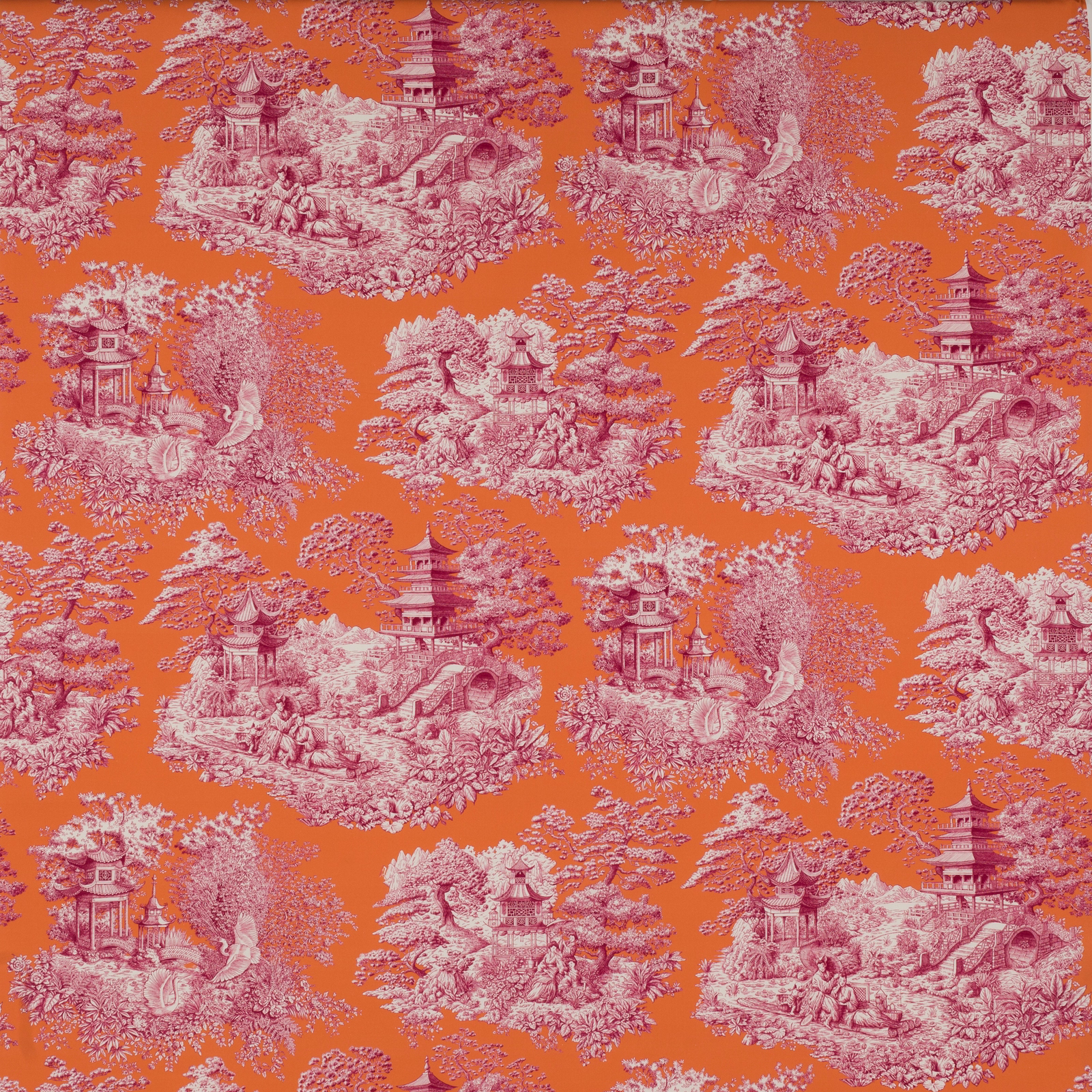 Apricot orange floral scenic fabric with pink pagodas and trees