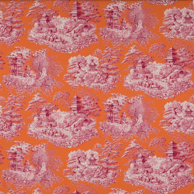 Apricot orange floral scenic fabric with pink pagodas and trees