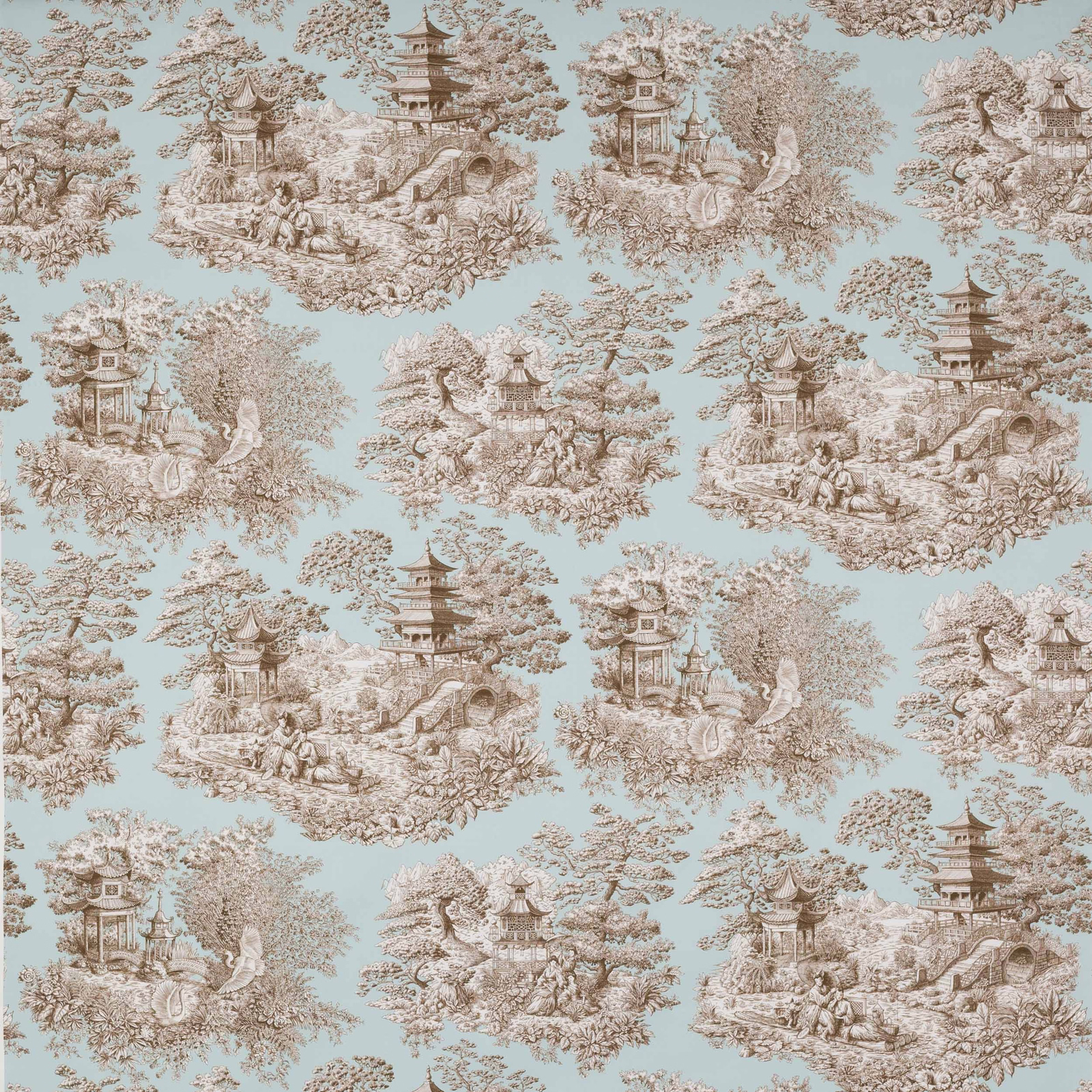 Pale celadon fabric with scenic pagodas, bridges and trees in taupe and ivory