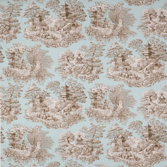 Pale celadon fabric with scenic pagodas, bridges and trees in taupe and ivory