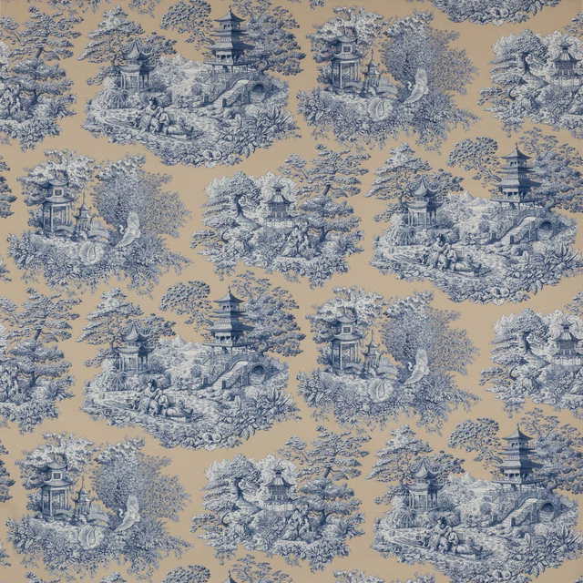 Scenic blue pagoda and garden motif on warm cream cotton fabric