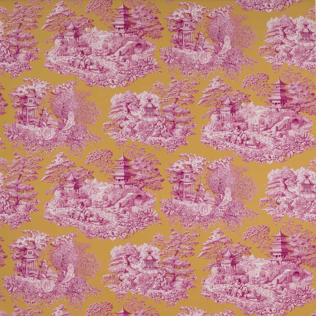 Mustard gold fabric swatch with pink scenic pagodas and garden motifs