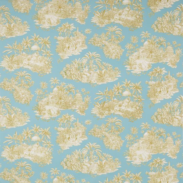 Aqua blue tropical fabric with cream and gold island motifs, large repeat