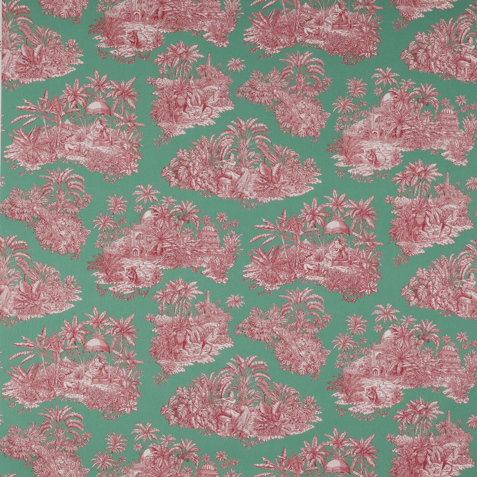 Mint green scenic cotton fabric with pink palm and pavilion motifs